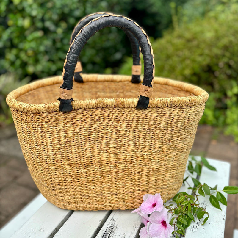 Natural Oval Basket with Leather Handles