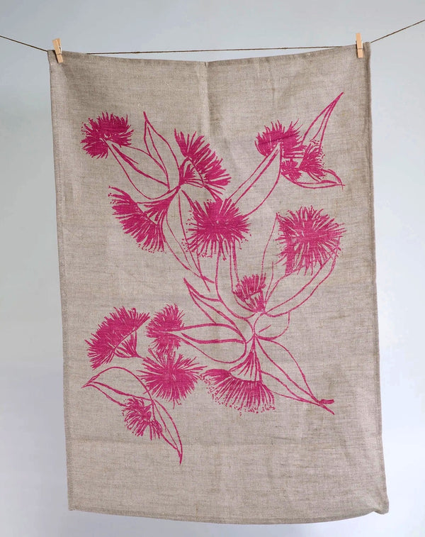 Handprinted Linen Tea Towel - Gumnut Blossom (Pink), full design
