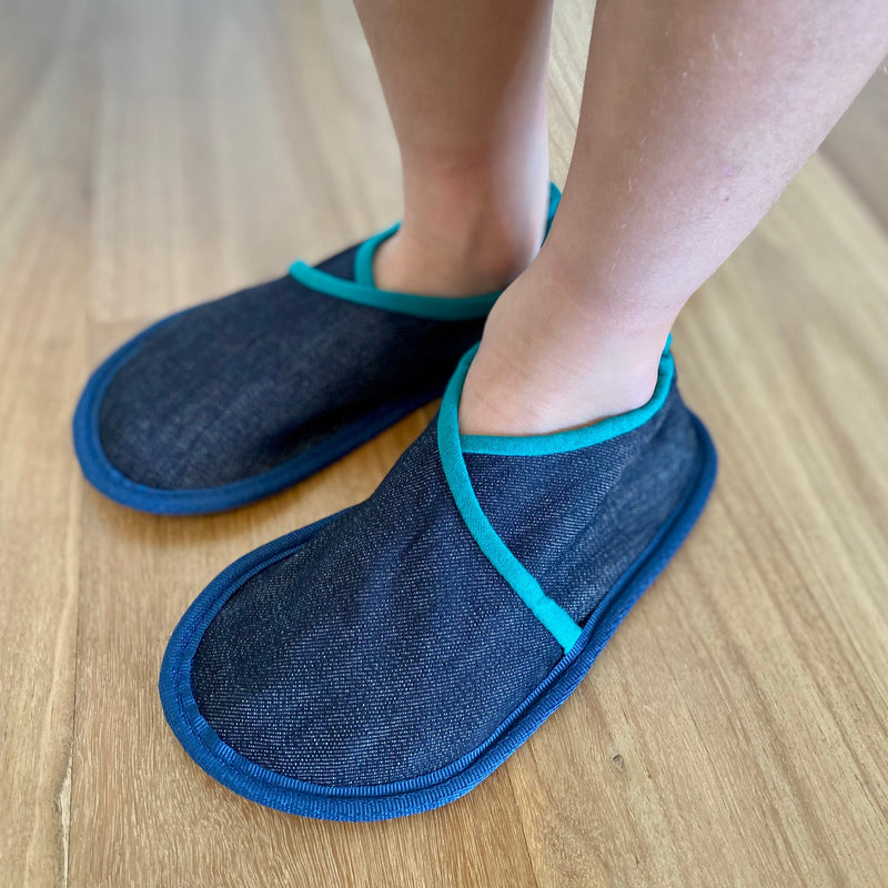 Upcycled Fabric Slippers in use
