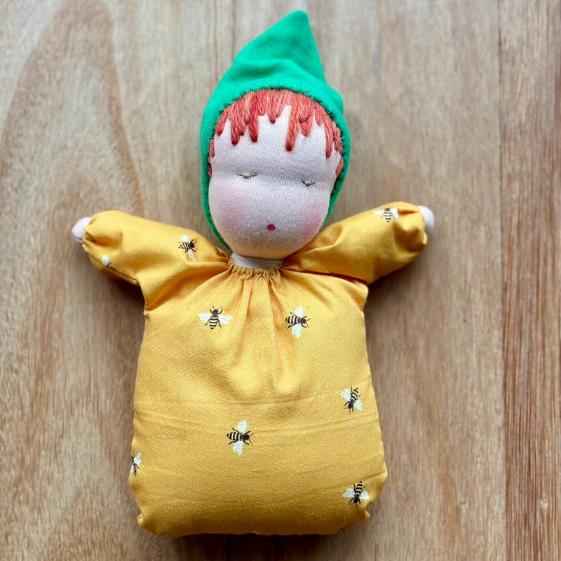Handmade floppy Steiner / Waldorf Doll with Bee Motif, front