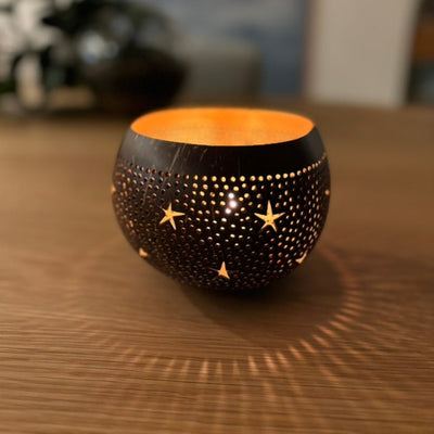 Coconut Shell Tea Light Lantern with star perforations