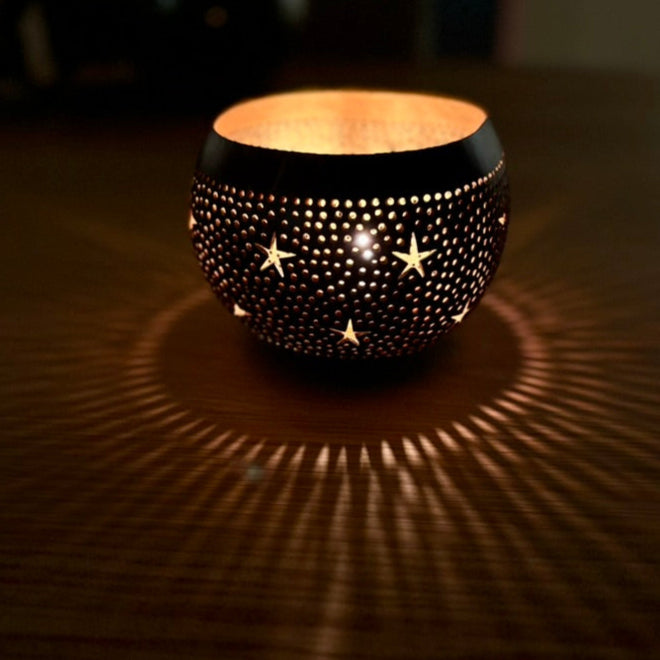 Coconut Shell Tea Light Lantern with illuminating tea light candle