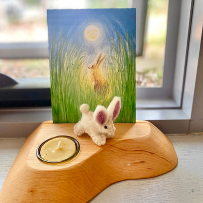 Felt Bunny sitting on Wooden Card Holder with Easter Postcard