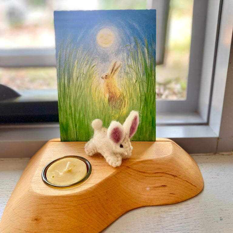 Felt Bunny sitting on Wooden Card Holder with Easter Postcard