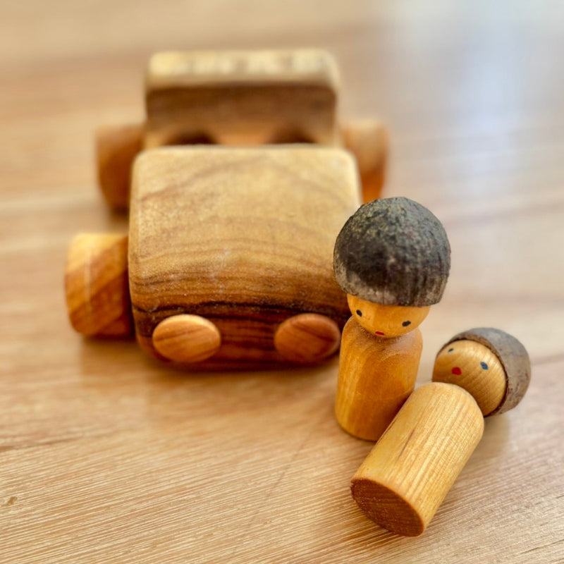 Wooden toy car and two gumnut people