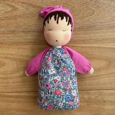 Handmade Steiner/Waldorf doll with floral dress and pink knot hat
