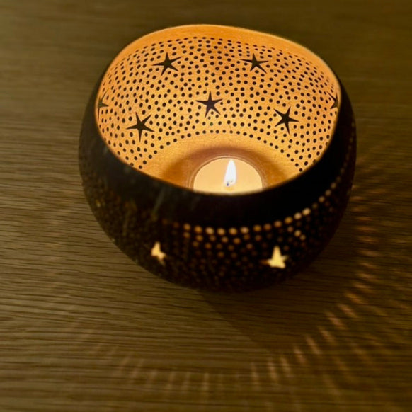 Coconut Shell Tea Light Lantern with star shapes and gold internals