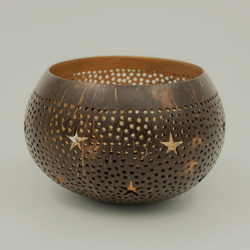 Coconut Shell Tea Light Lantern with star shapes and gold internals