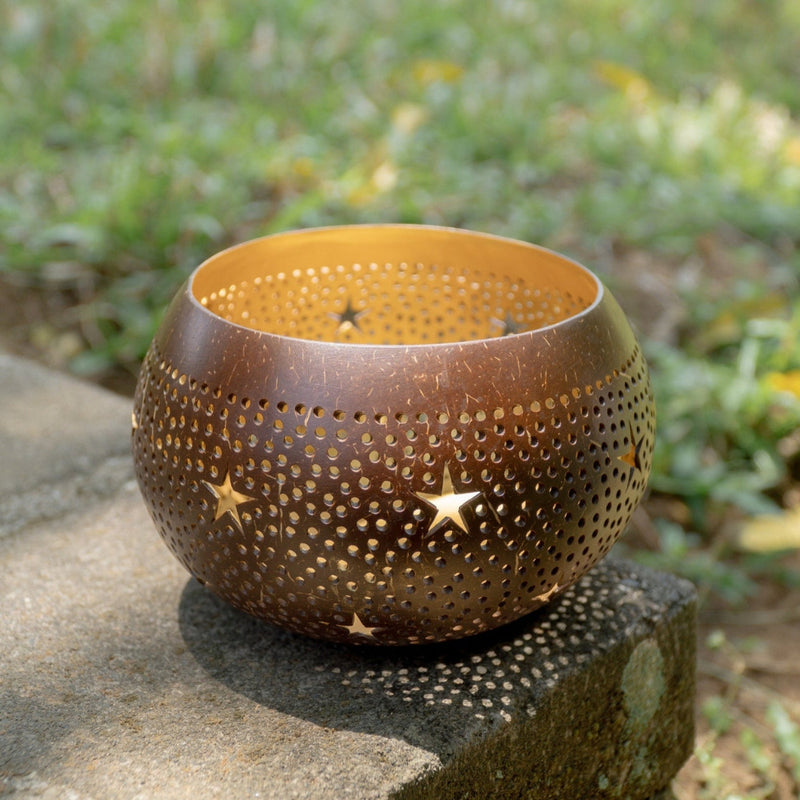 Coconut Shell Tea Light Candle Holder with Star Perforations