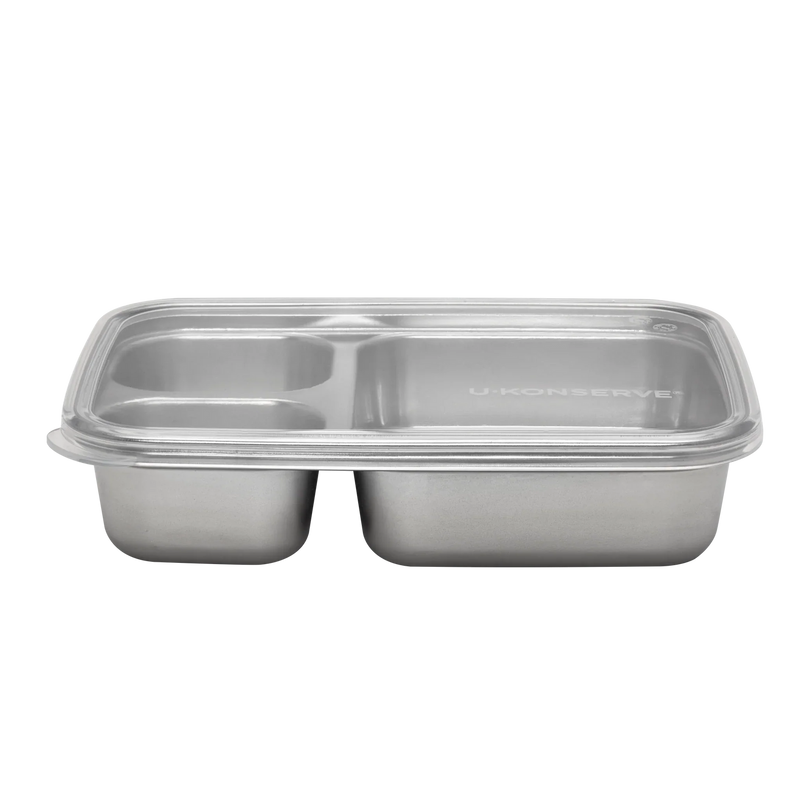 Stainless steel 3 compartment food container with a clear silicone lid on a white background