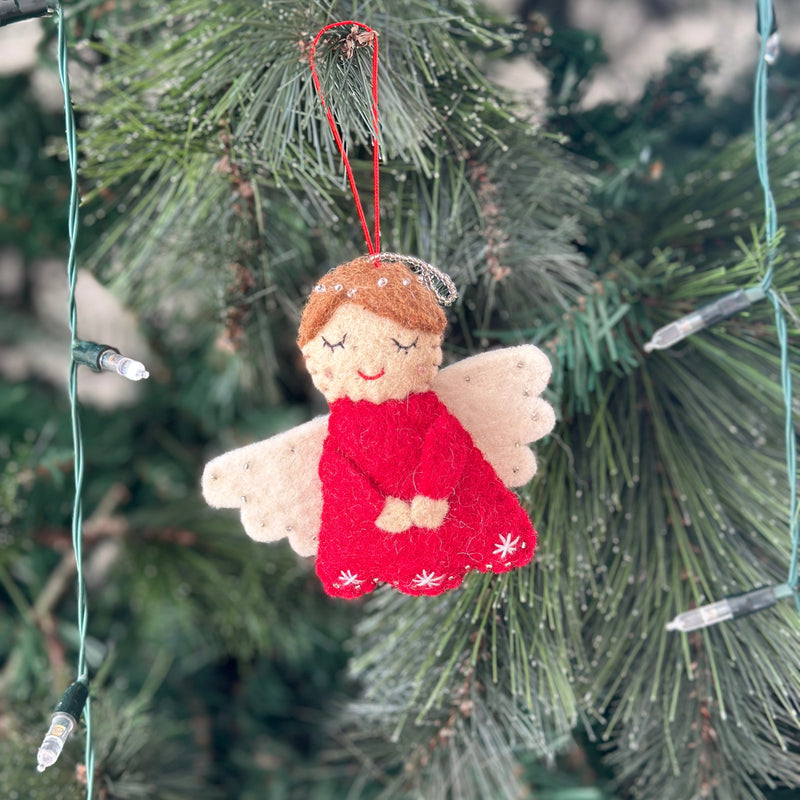 Handmade Felt, Hanging Angel with Halo in Red