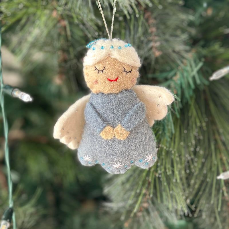 Handmade Felt, Hanging Angel with Halo in Blue