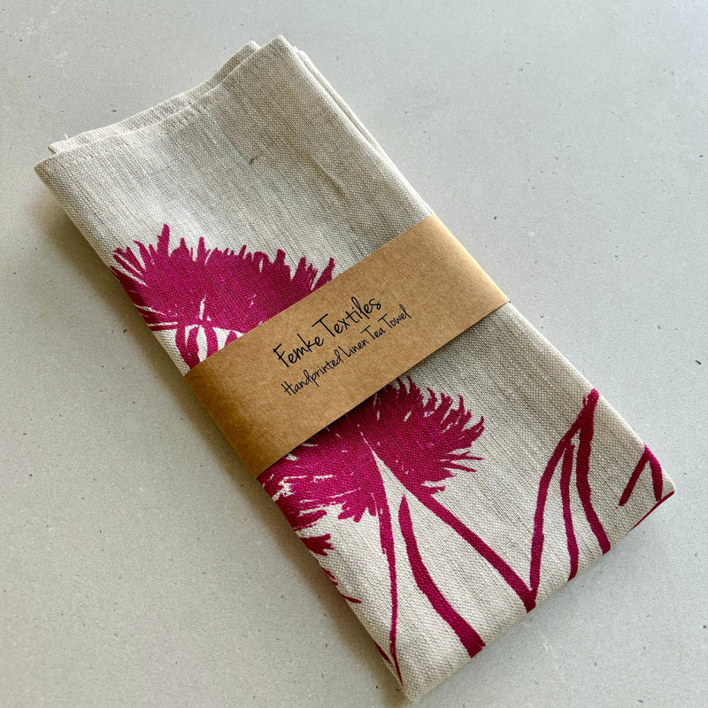 Handprinted Linen Tea Towel - Gumblossom (Pink)