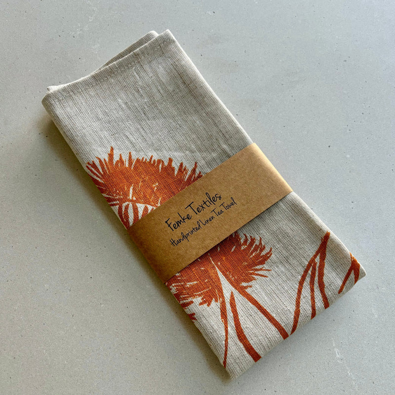 Handprinted Linen Tea Towel - Gumblossom (Orange)