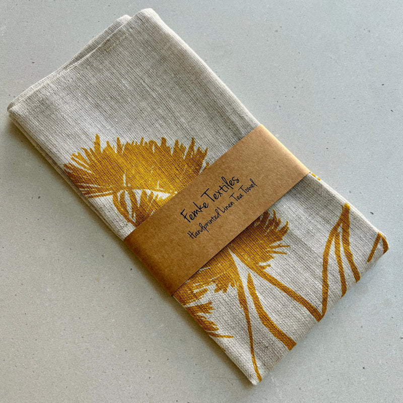 Handprinted Linen Tea Towel - Gumblossom (Mustard)