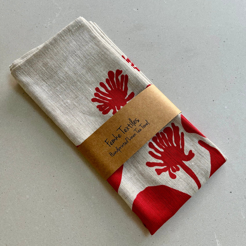 Handprinted Linen Tea Towel - Seedpods (Jaffa Red)