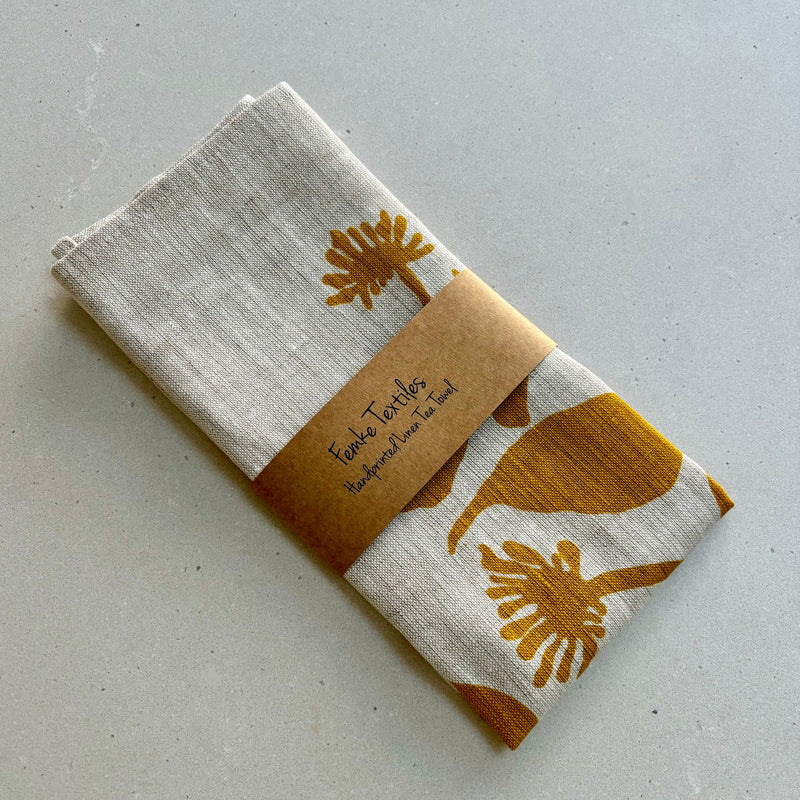 Handprinted Linen Tea Towel - Seedpods (Mustard)
