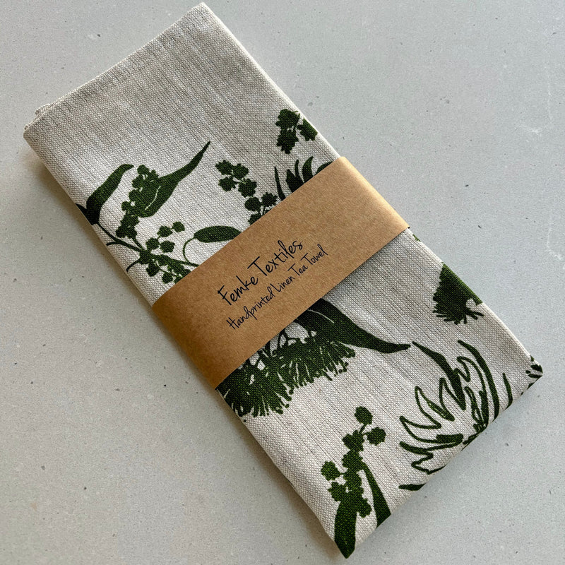 Handprinted Linen Tea Towel - Local Forage (Envy Green)