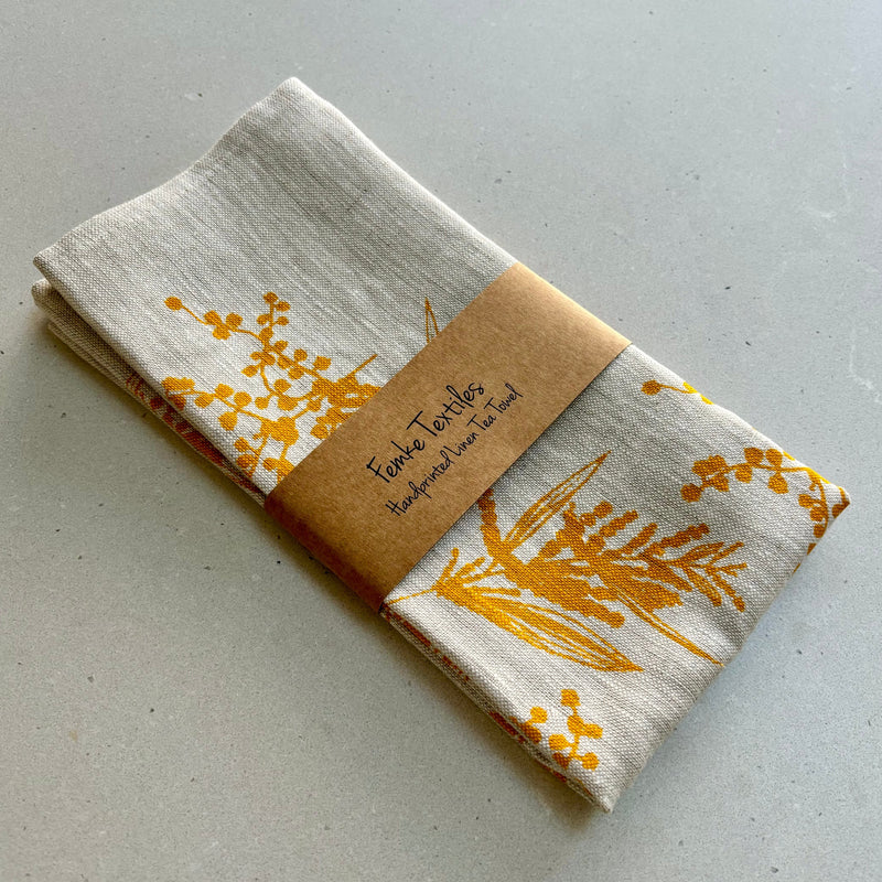 Handprinted Linen Tea Towel - Wattle (Yellow)