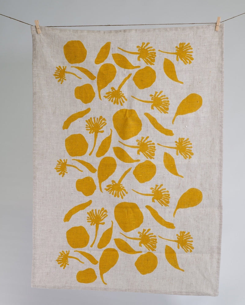 Handprinted Linen Tea Towel - Seedpods (Mustard), full design