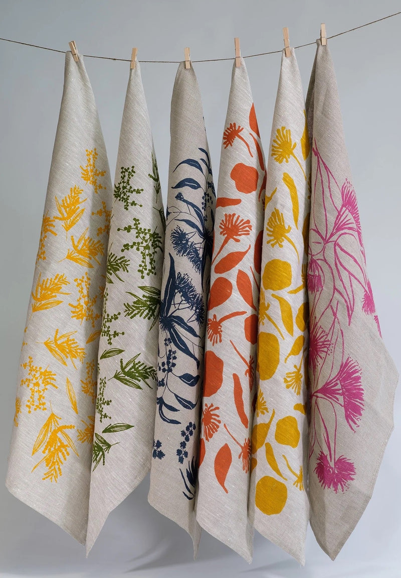 Handprinted Linen Tea Towel, Assorted Designs, hanging