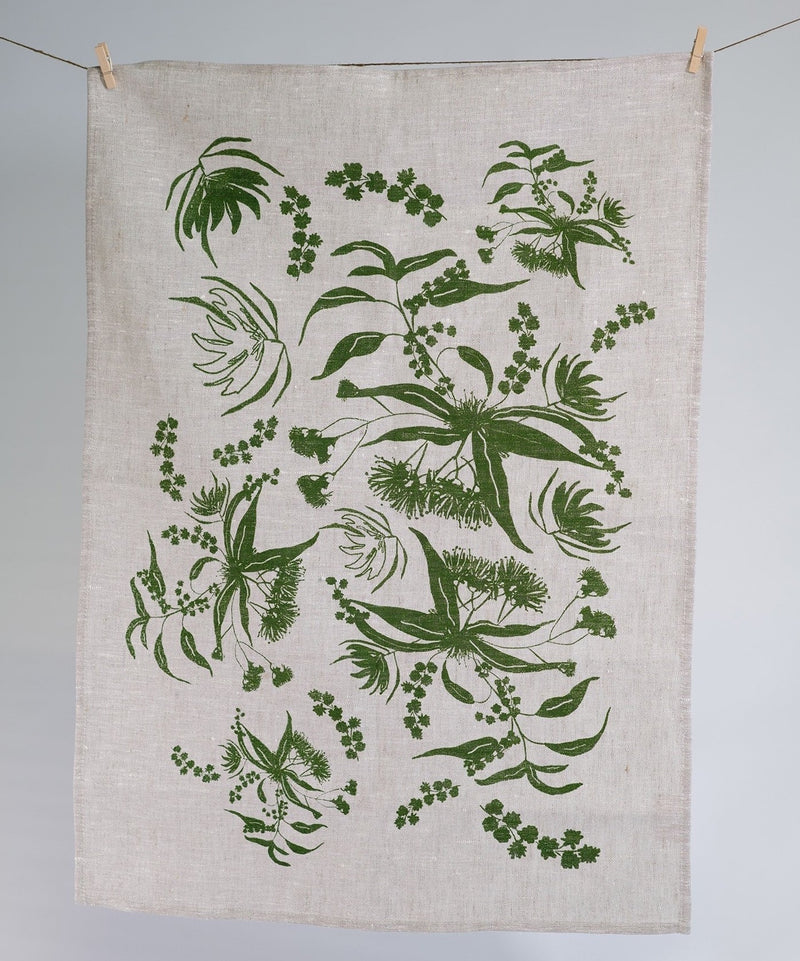 Handprinted Linen Tea Towel - Local Forage (Envy Green), full design