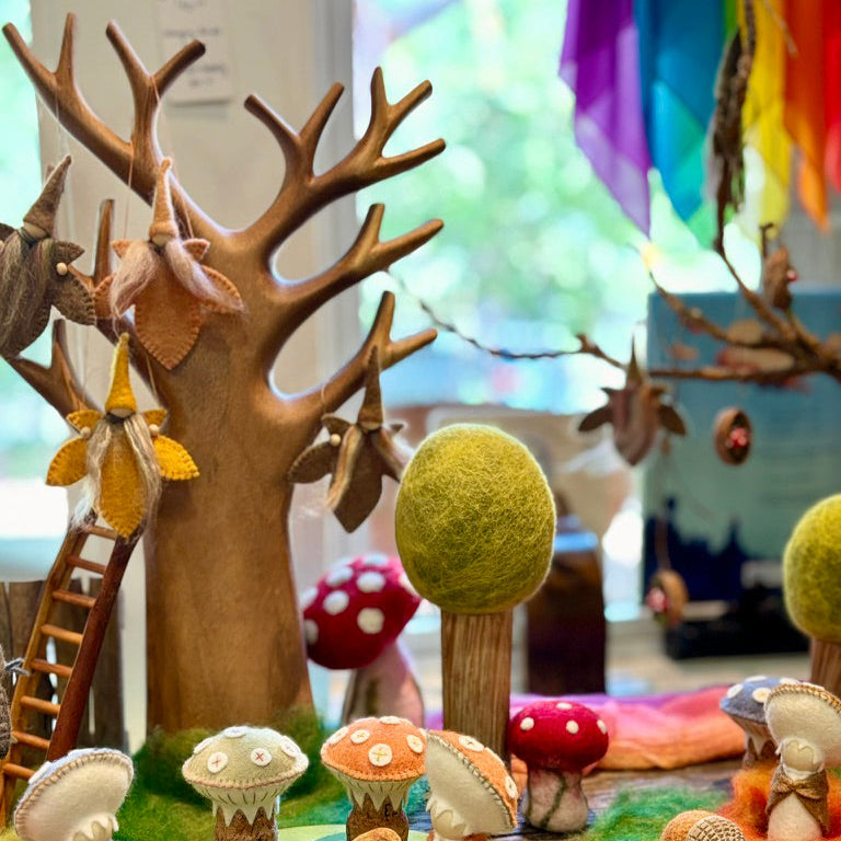 Wooden Carved Tree decorated with Autumn themed crafts