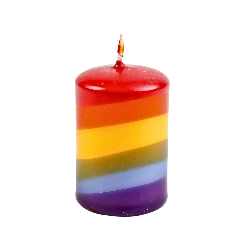Rainbow striped Tall Tealight Candle on a white background