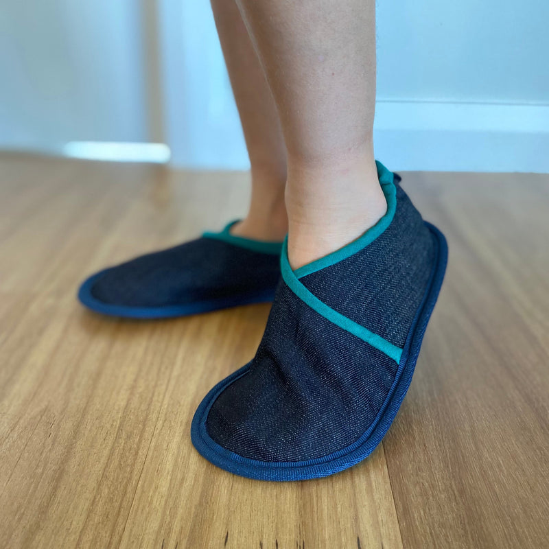 Upcycled Fabric Slippers in use