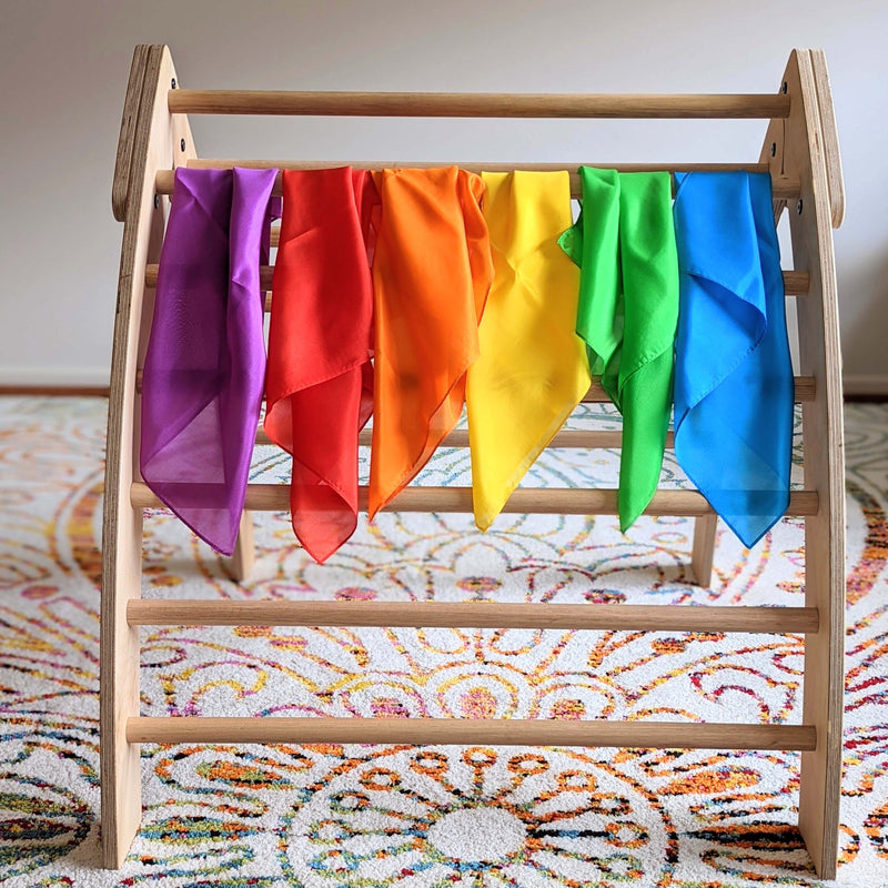 Play Silkies, Mini Silk Playcloths (set of 6), hanging on display stand