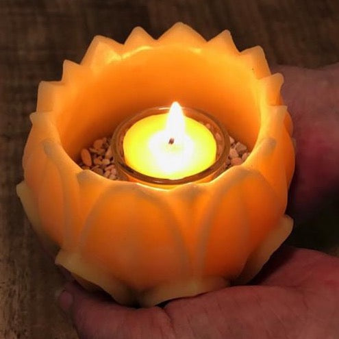 Glowing Beeswax Lotus Lantern in use
